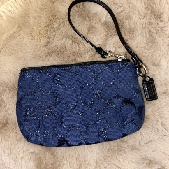 Coach Signature C Navy Blue Canvas Black Leather Wristlet - Picture 2 of 5